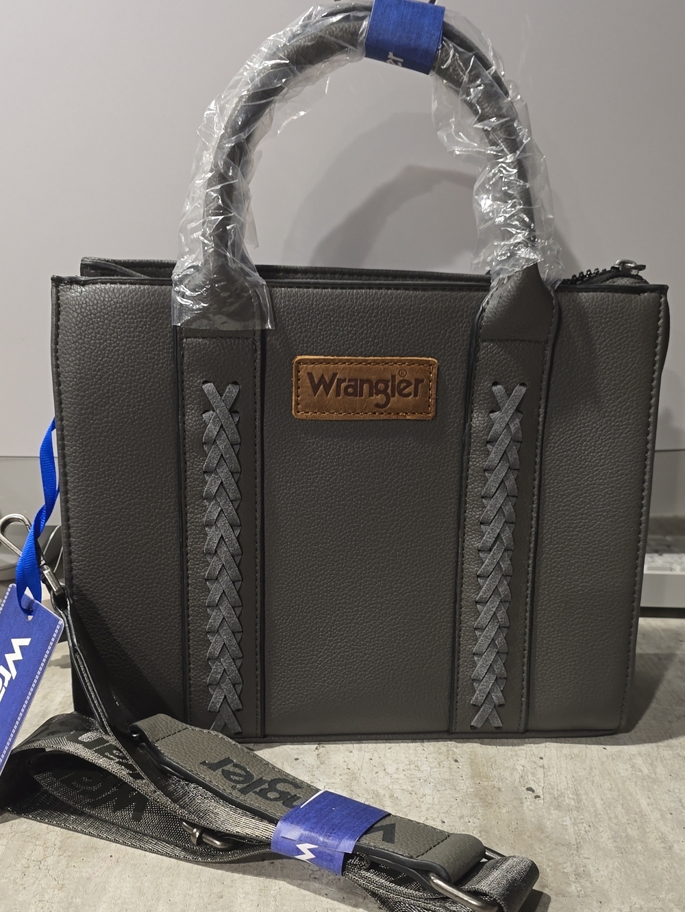 Wrangler Gray Satchel with Braided Trim and Contrast Patch